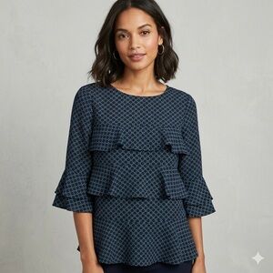 Ann Taylor Tiered Top Blouse Dots Black Blue Medium 3/4 Sleeve